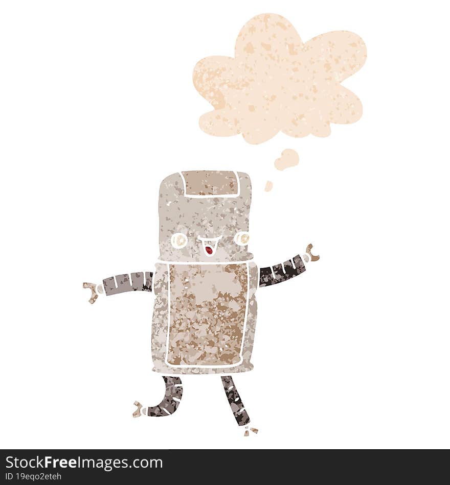 cartoon robot with thought bubble in grunge distressed retro textured style. cartoon robot with thought bubble in grunge distressed retro textured style