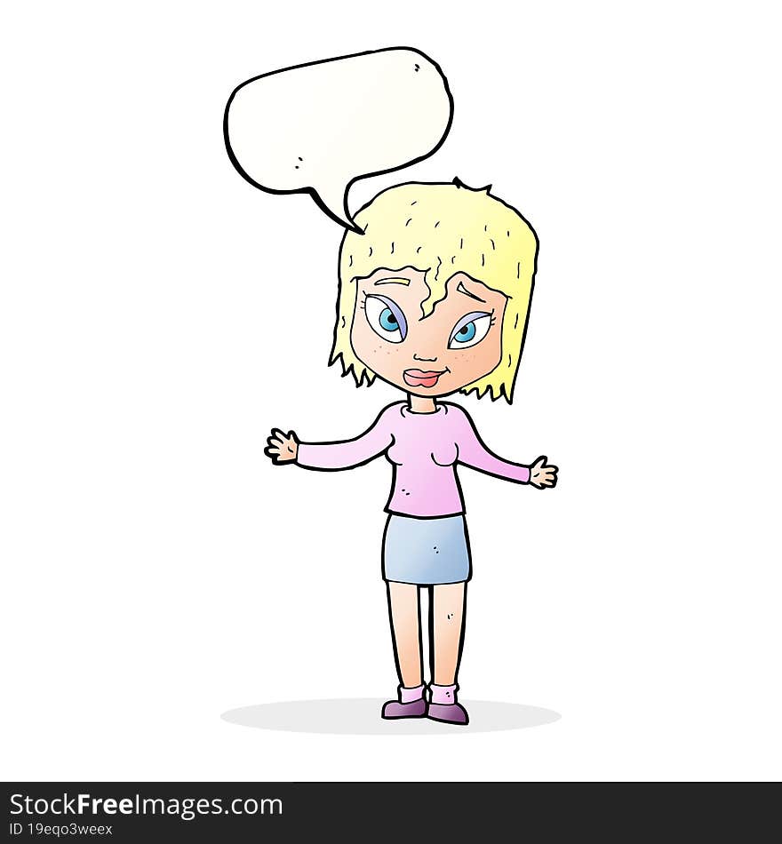 cartoon woman shrugging shoulders with speech bubble