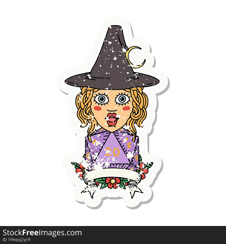 human witch with natural twenty dice roll grunge sticker