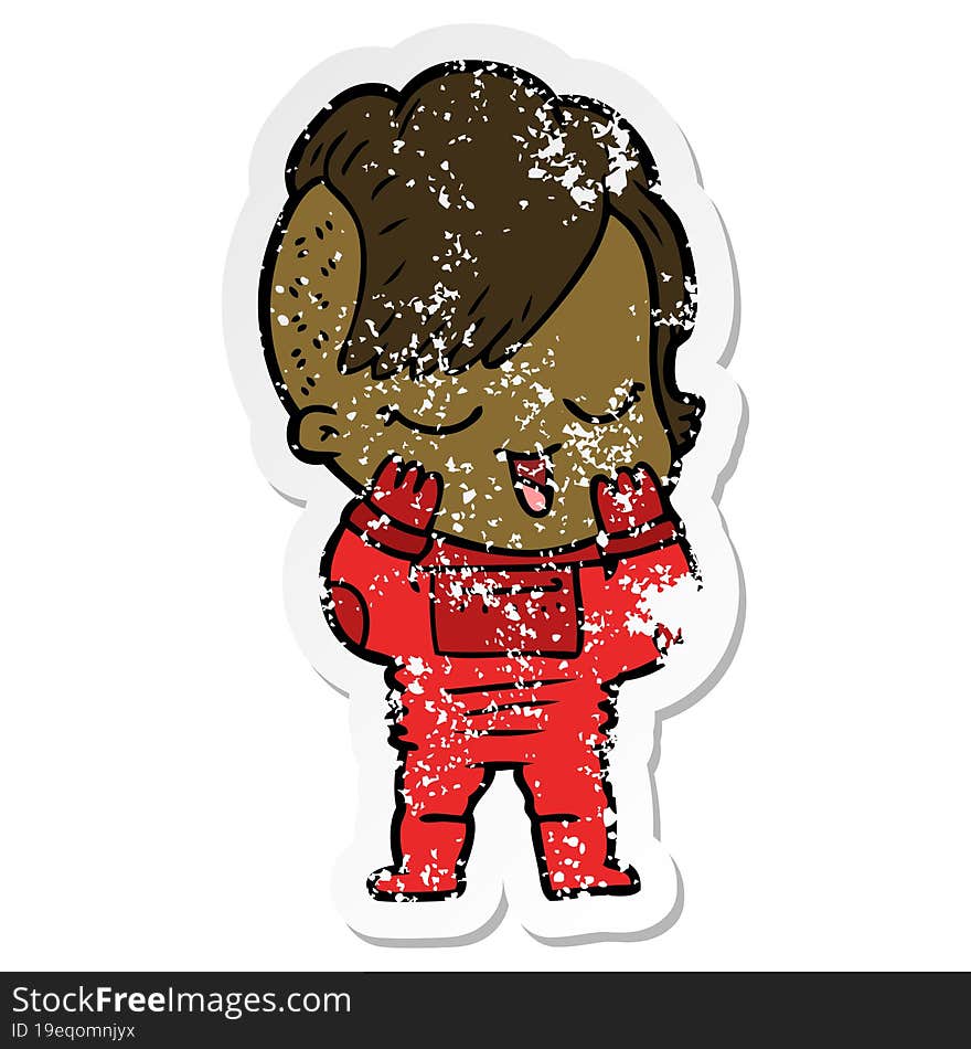 distressed sticker of a happy cartoon girl in space suit