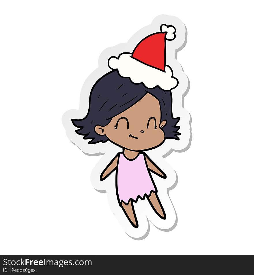 sticker cartoon of a friendly girl wearing santa hat