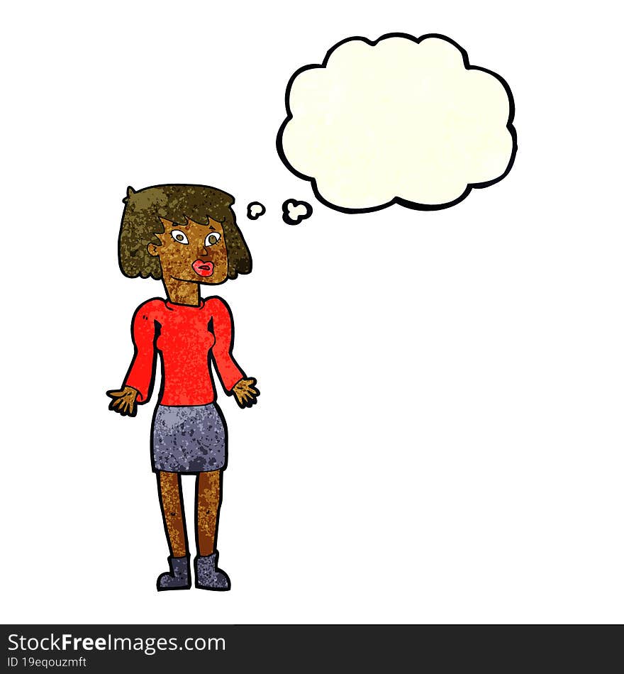 cartoon woman shrugging shoulders with thought bubble