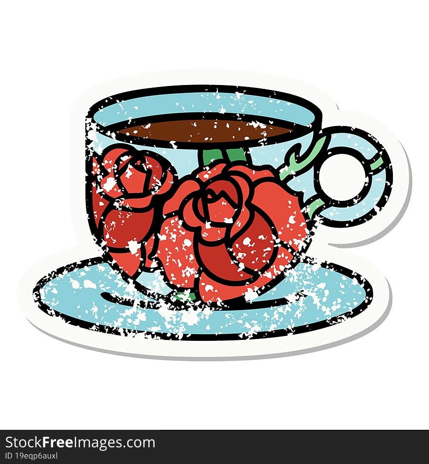 Traditional Distressed Sticker Tattoo Of A Cup And Flowers