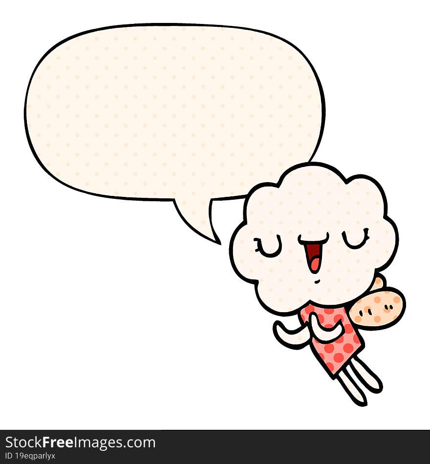 cute cartoon cloud head creature and speech bubble in comic book style