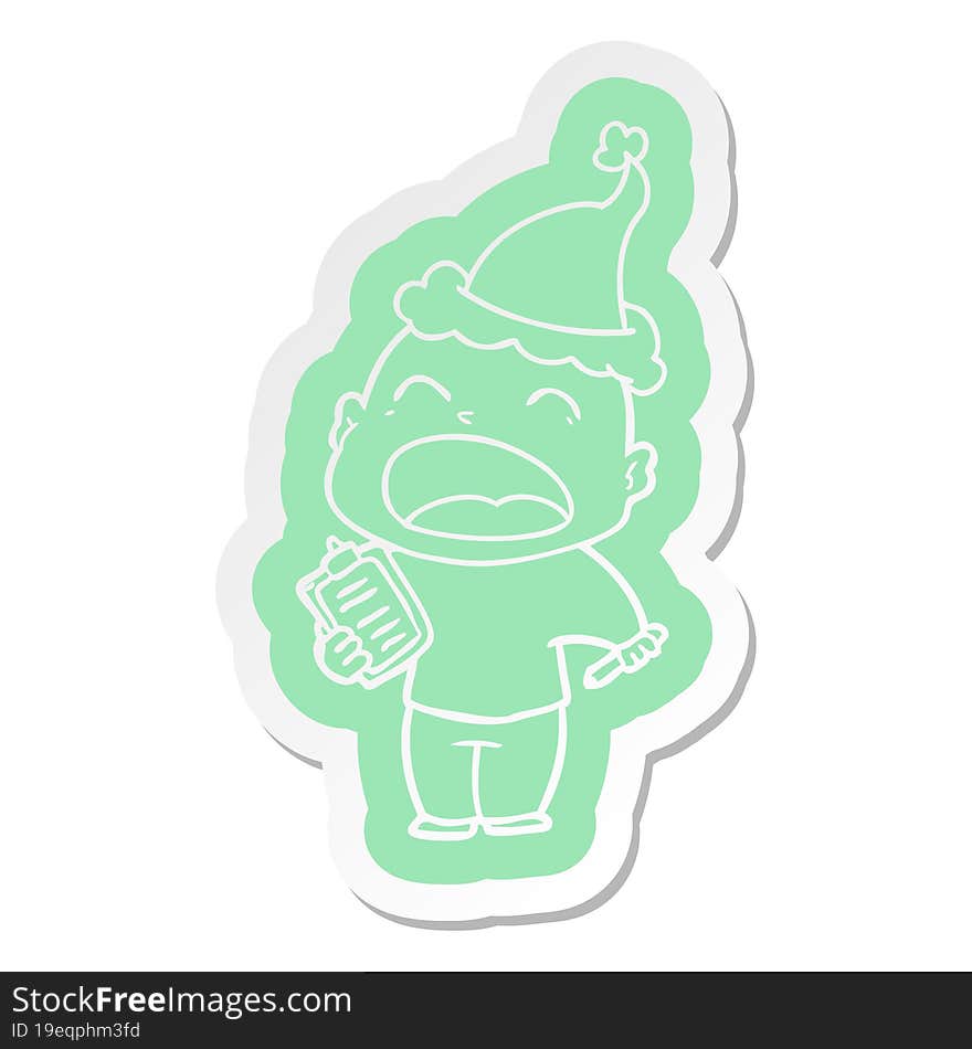 Cartoon  Sticker Of A Shouting Bald Man Wearing Santa Hat