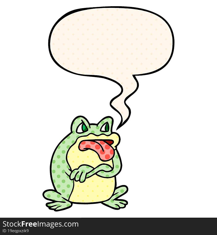 grumpy cartoon frog and speech bubble in comic book style