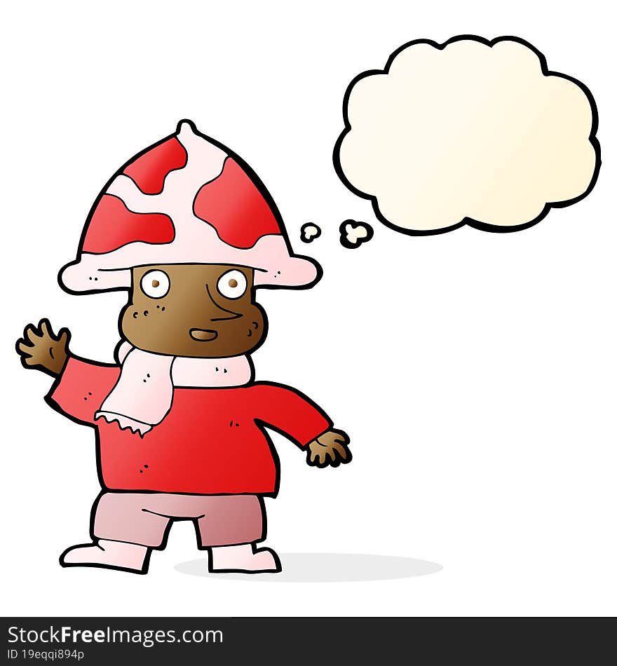 cartoon mushroom man with thought bubble