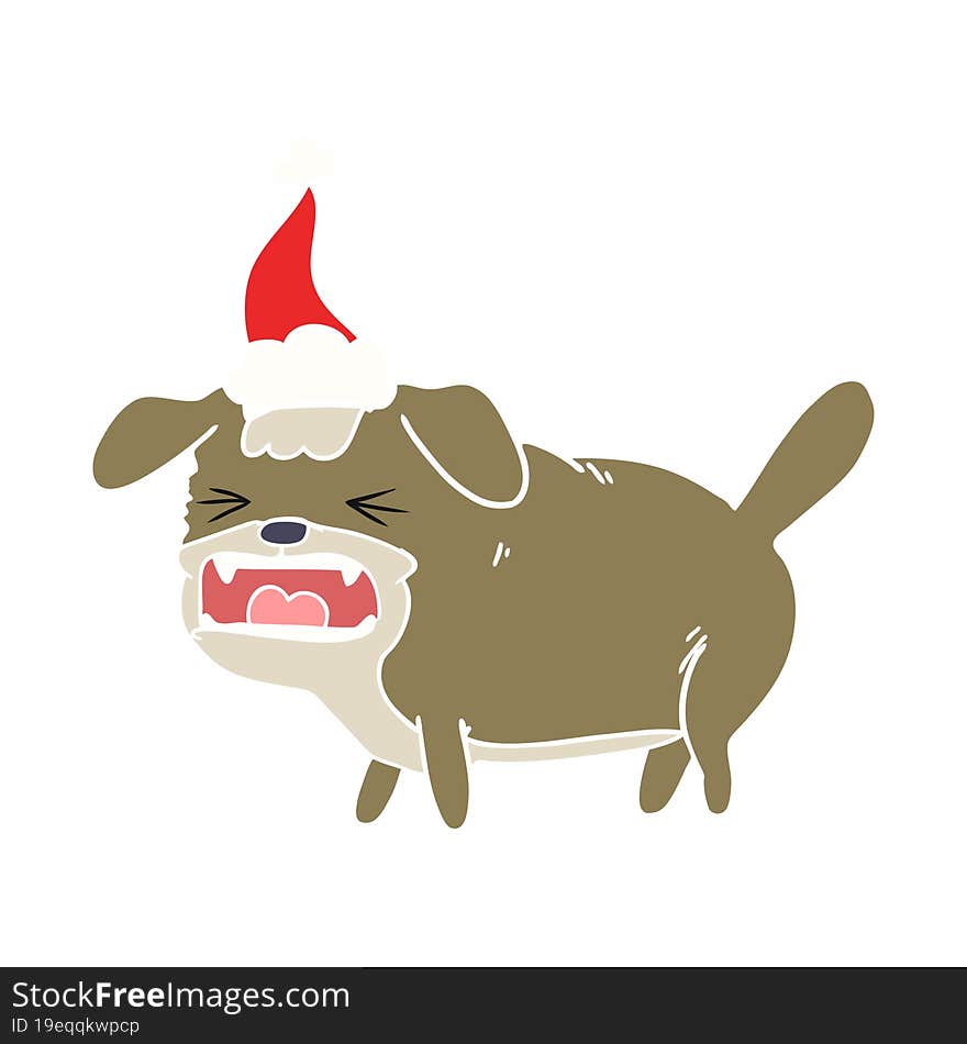 flat color illustration of a dog barking wearing santa hat