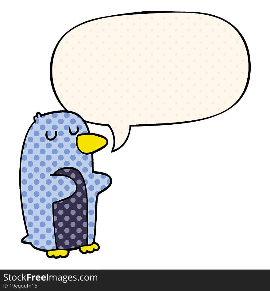 cartoon penguin and speech bubble in comic book style