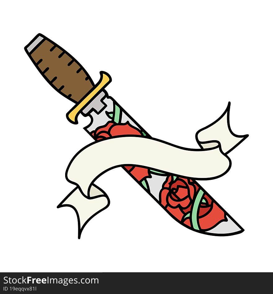 tattoo with banner of a dagger and flowers