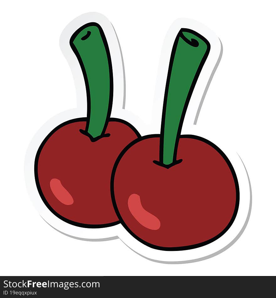 sticker of a quirky hand drawn cartoon cherries