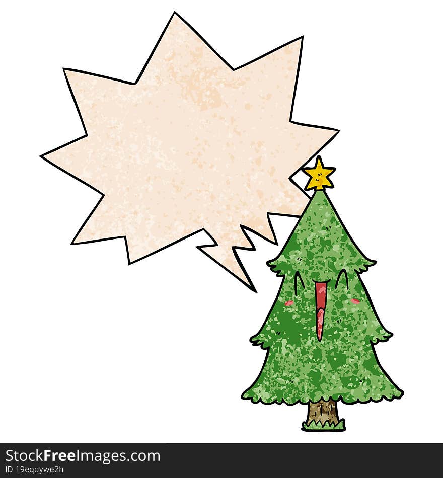 cartoon christmas tree and speech bubble in retro texture style