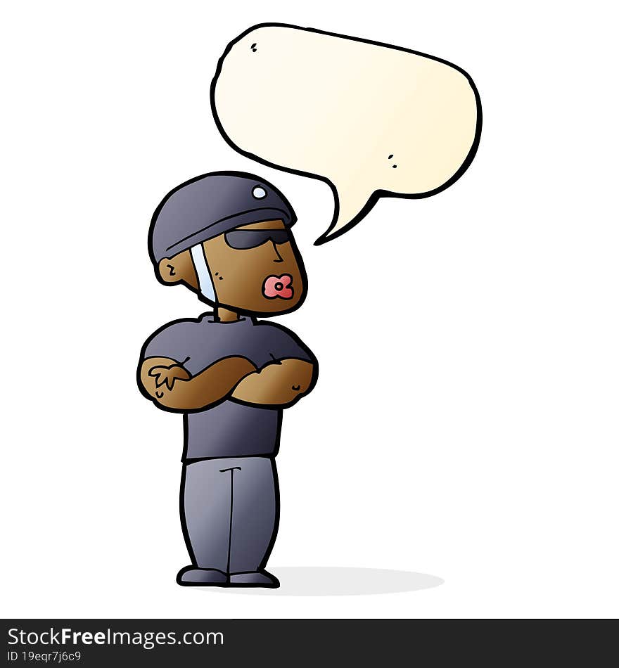 cartoon security guard with speech bubble