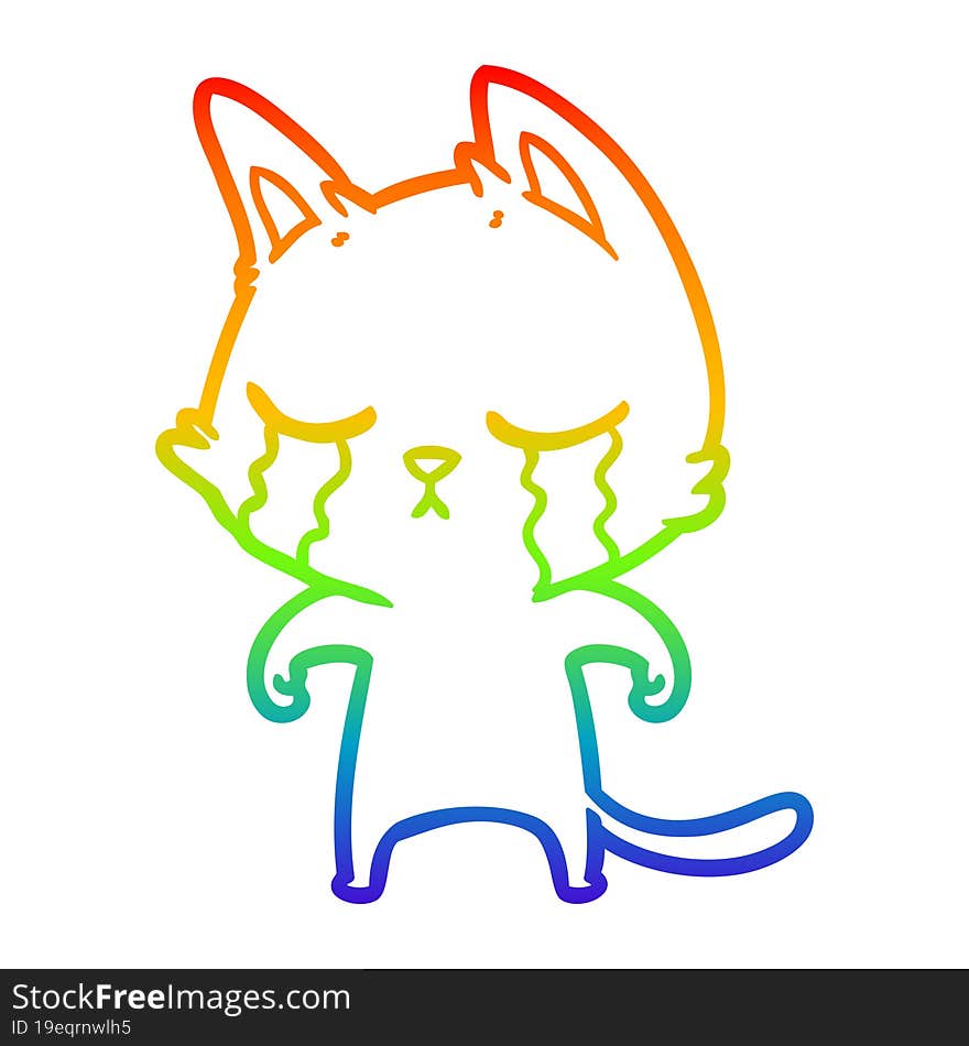 Rainbow Gradient Line Drawing Crying Cartoon Cat