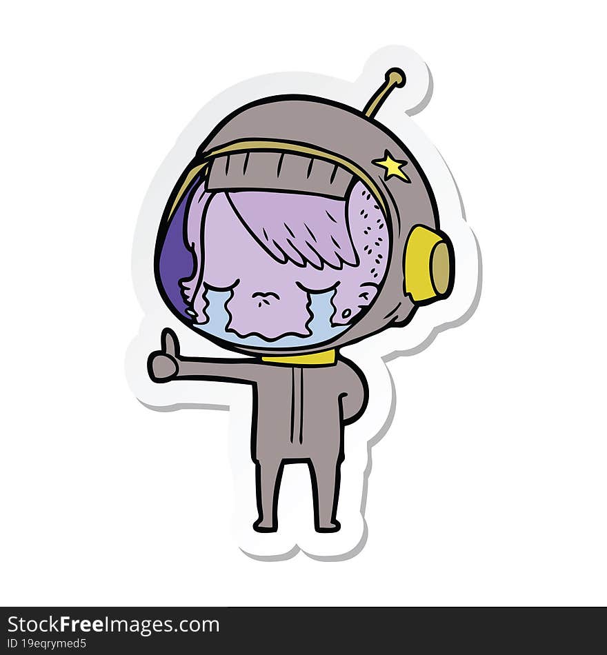 sticker of a cartoon crying astronaut girl making thumbs up sign