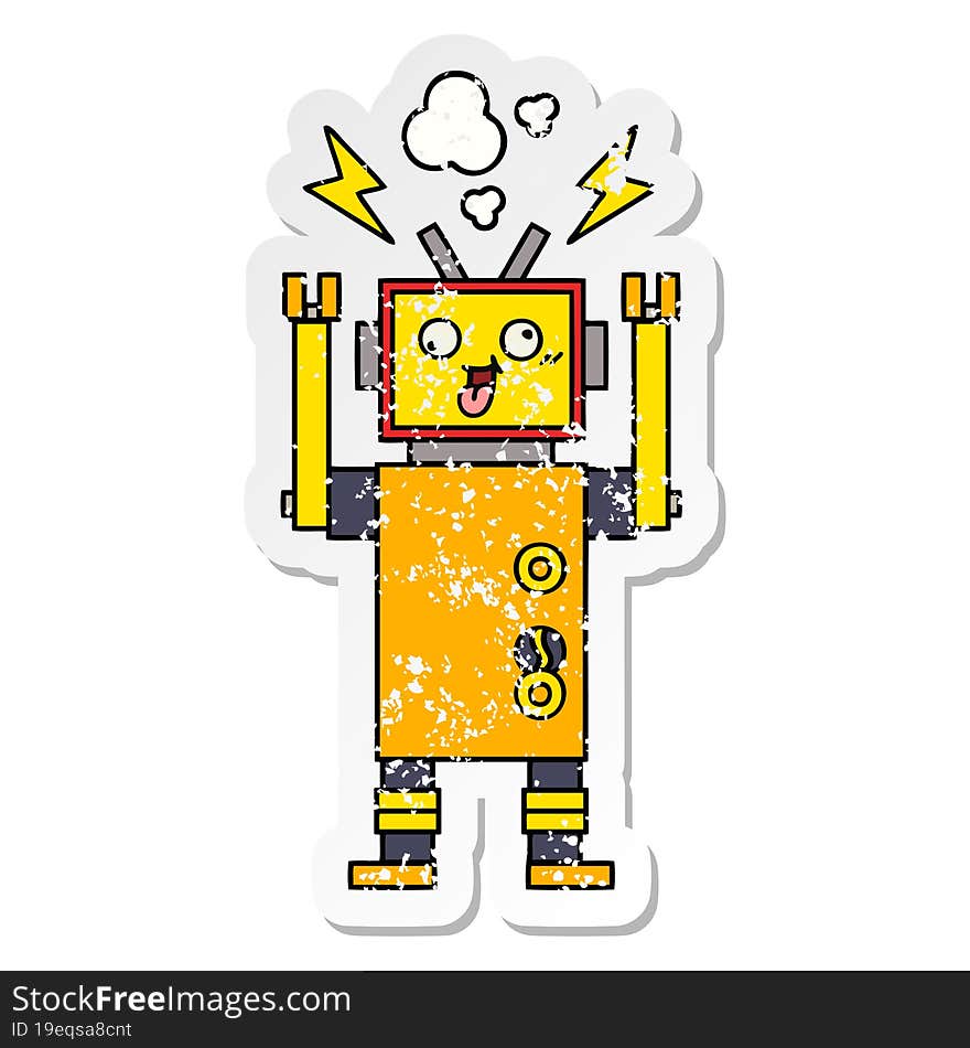 distressed sticker of a cute cartoon malfunctioning robot