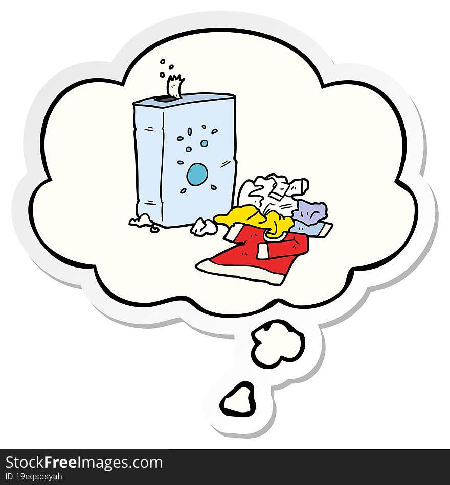 cartoon washing powder and laundry with thought bubble as a printed sticker