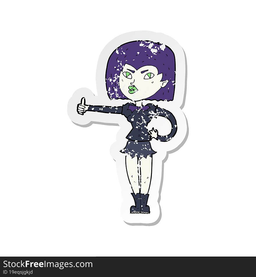 Retro Distressed Sticker Of A Cartoon Vampire Girl Giving Thumbs Up