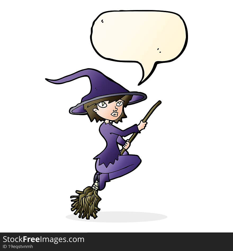 cartoon witch riding broomstick with speech bubble