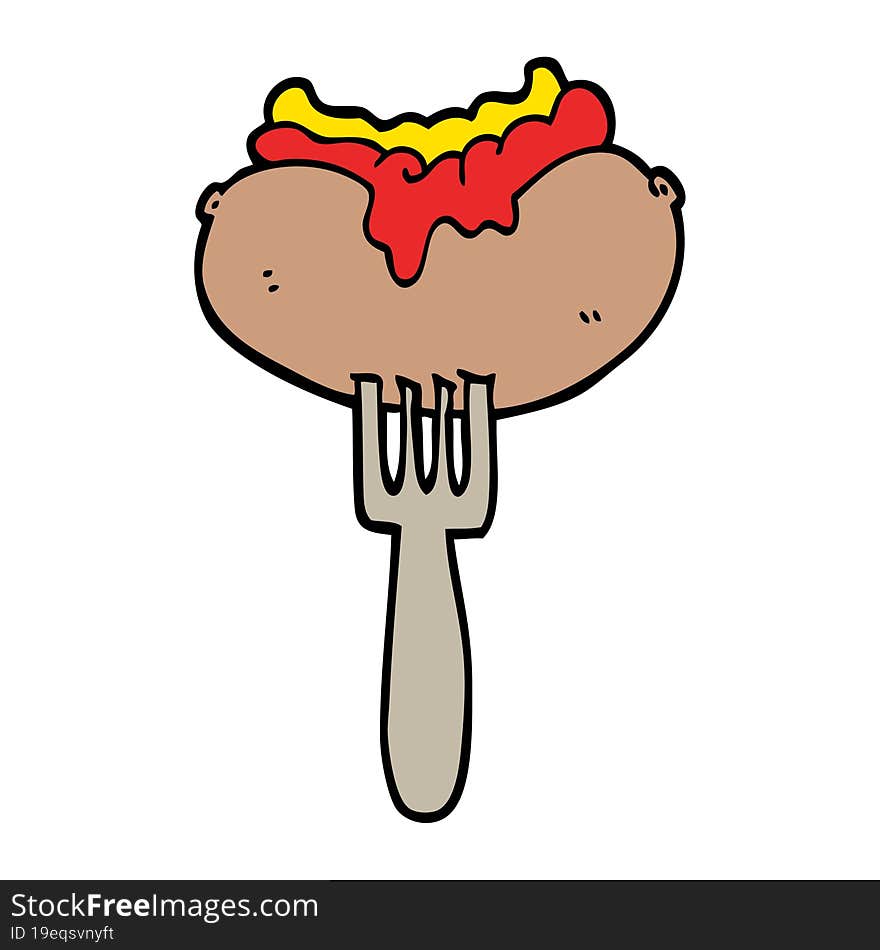 hand drawn doodle style cartoon hotdog with mustard and ketchup on fork