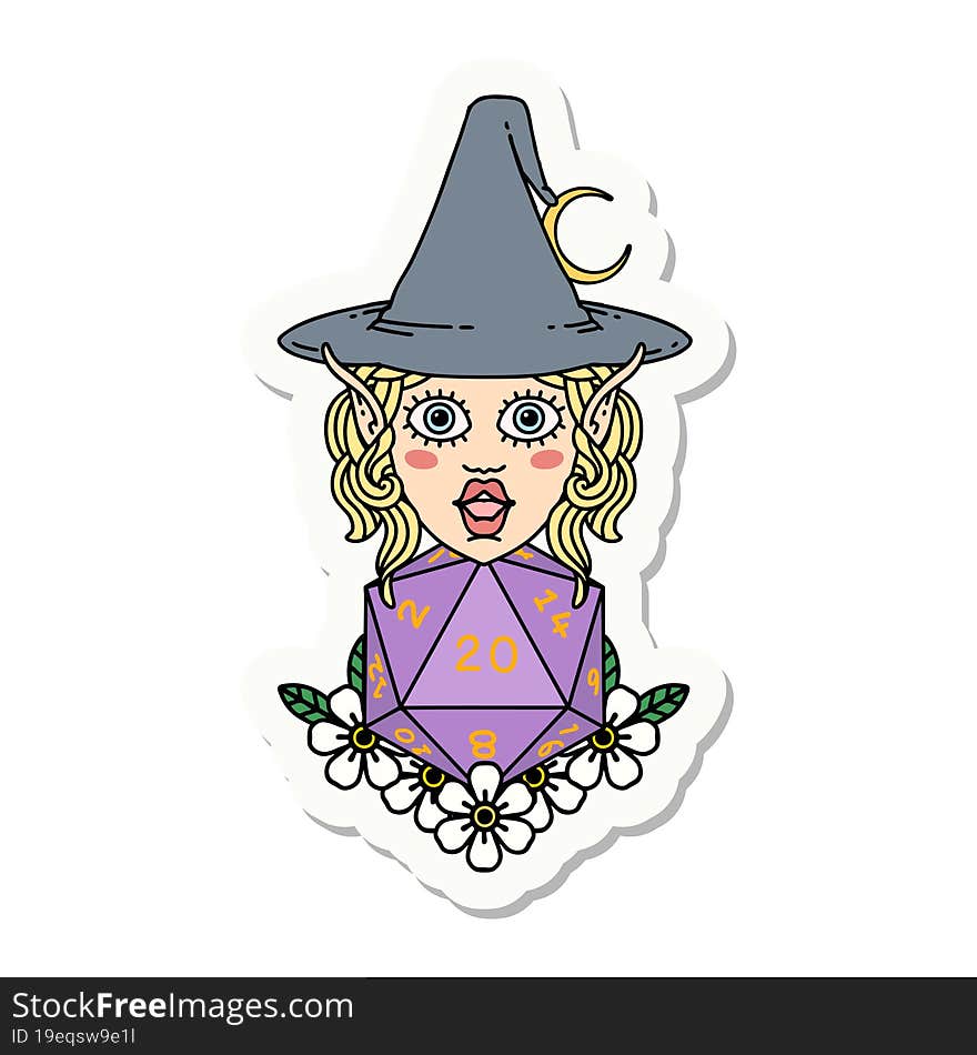 elf mage character with natural twenty dice roll sticker