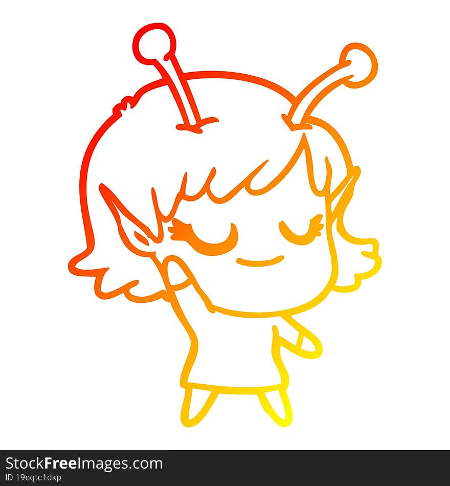 Warm Gradient Line Drawing Smiling Alien Girl Cartoon