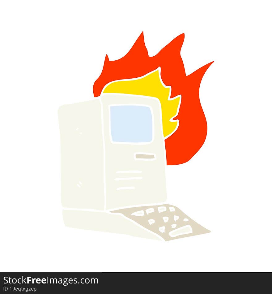 flat color illustration of a cartoon old computer on fire