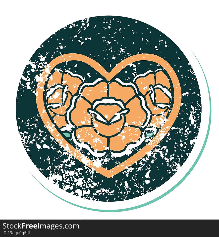 iconic distressed sticker tattoo style image of a heart and flowers. iconic distressed sticker tattoo style image of a heart and flowers