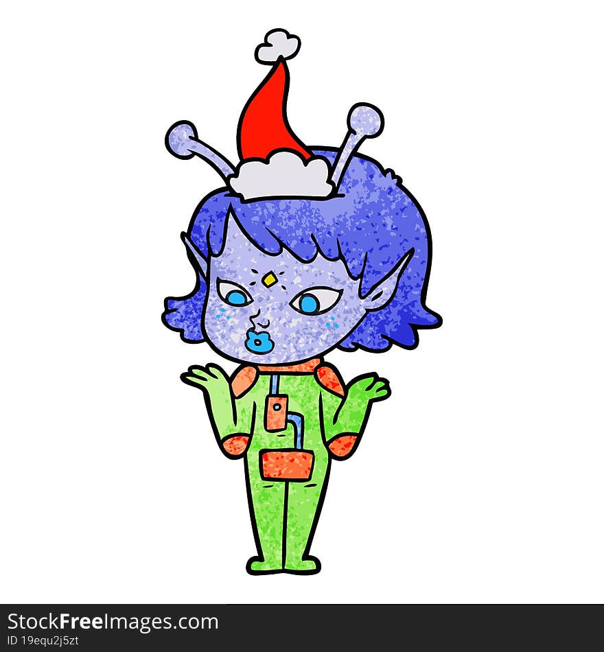 pretty hand drawn textured cartoon of a alien girl wearing santa hat. pretty hand drawn textured cartoon of a alien girl wearing santa hat