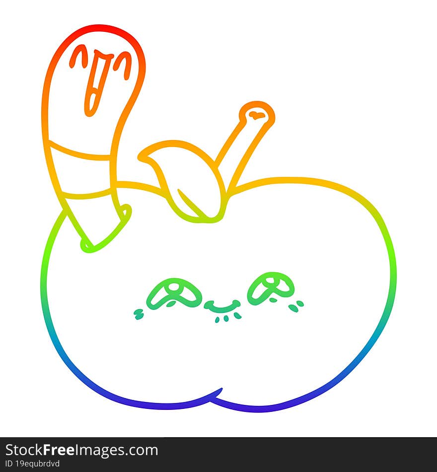 rainbow gradient line drawing cartoon worm in happy apple