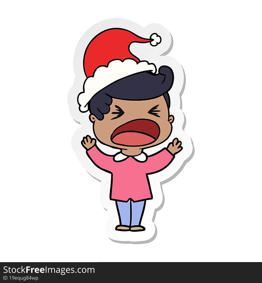 hand drawn sticker cartoon of a shouting man wearing santa hat