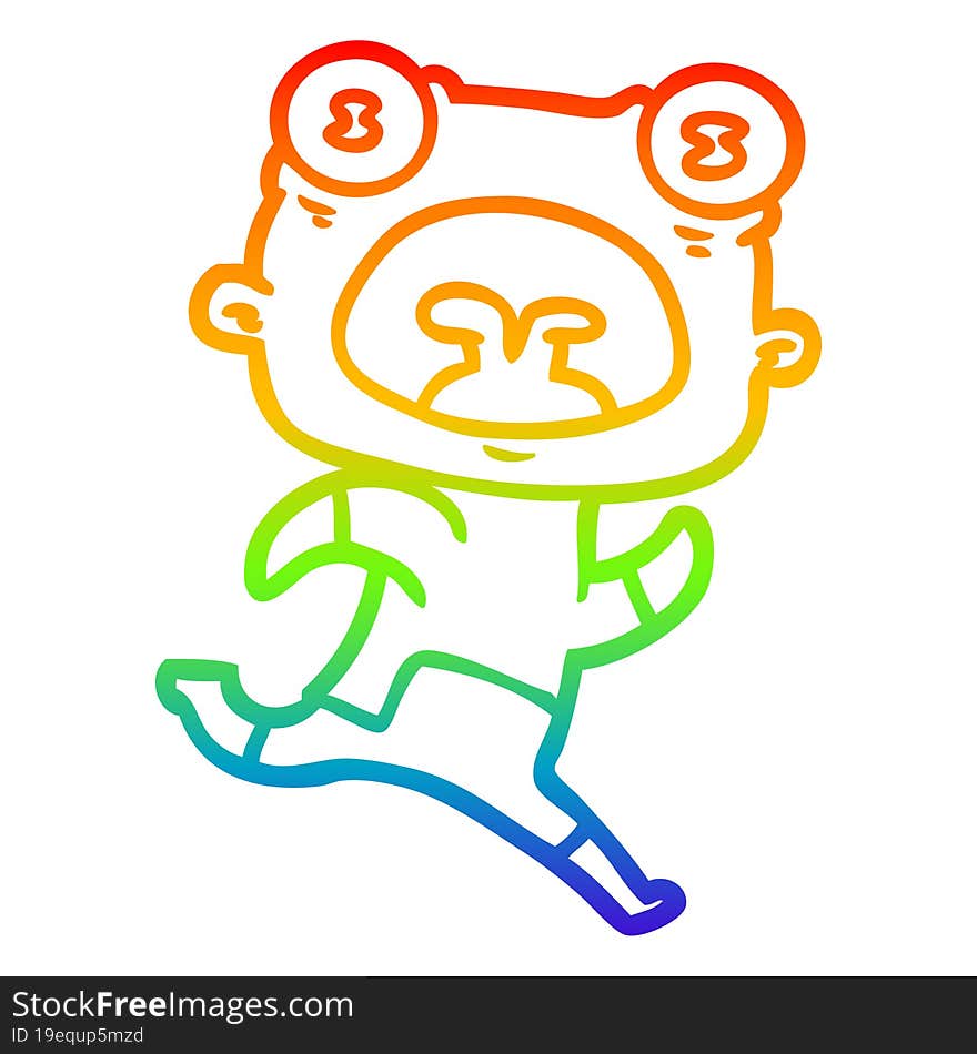 rainbow gradient line drawing of a cartoon weird alien running away