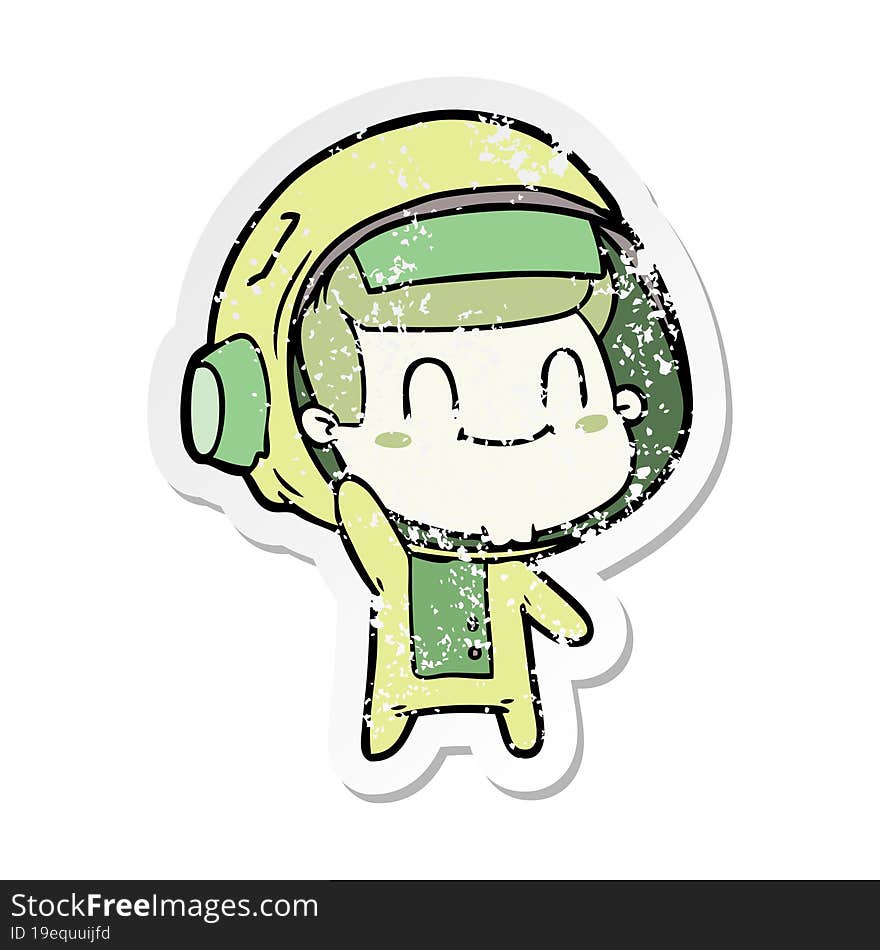 distressed sticker of a happy cartoon astronaut man