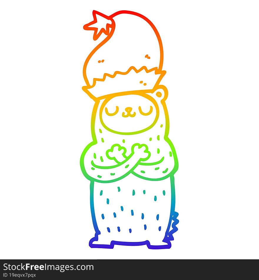 Rainbow Gradient Line Drawing Cartoon Bear Wearing Christmas Hat