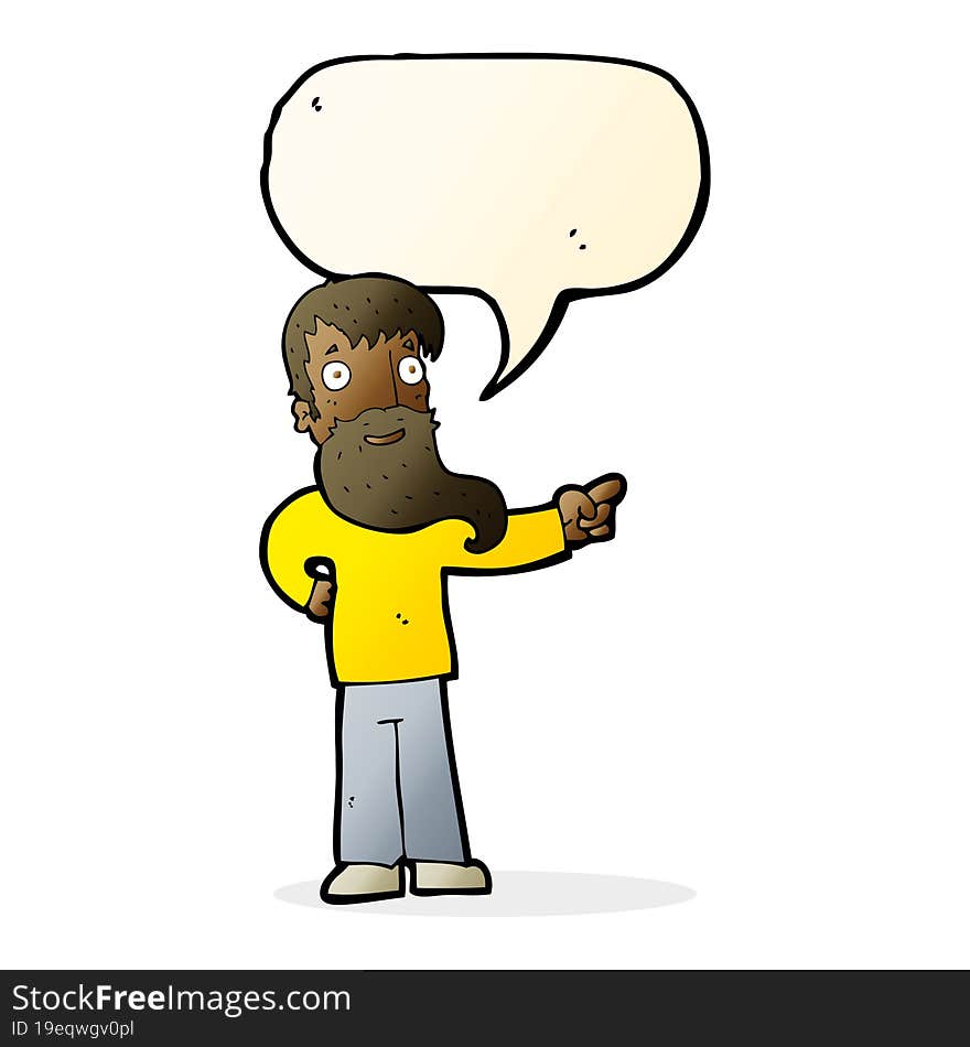 cartoon man with beard pointing with speech bubble