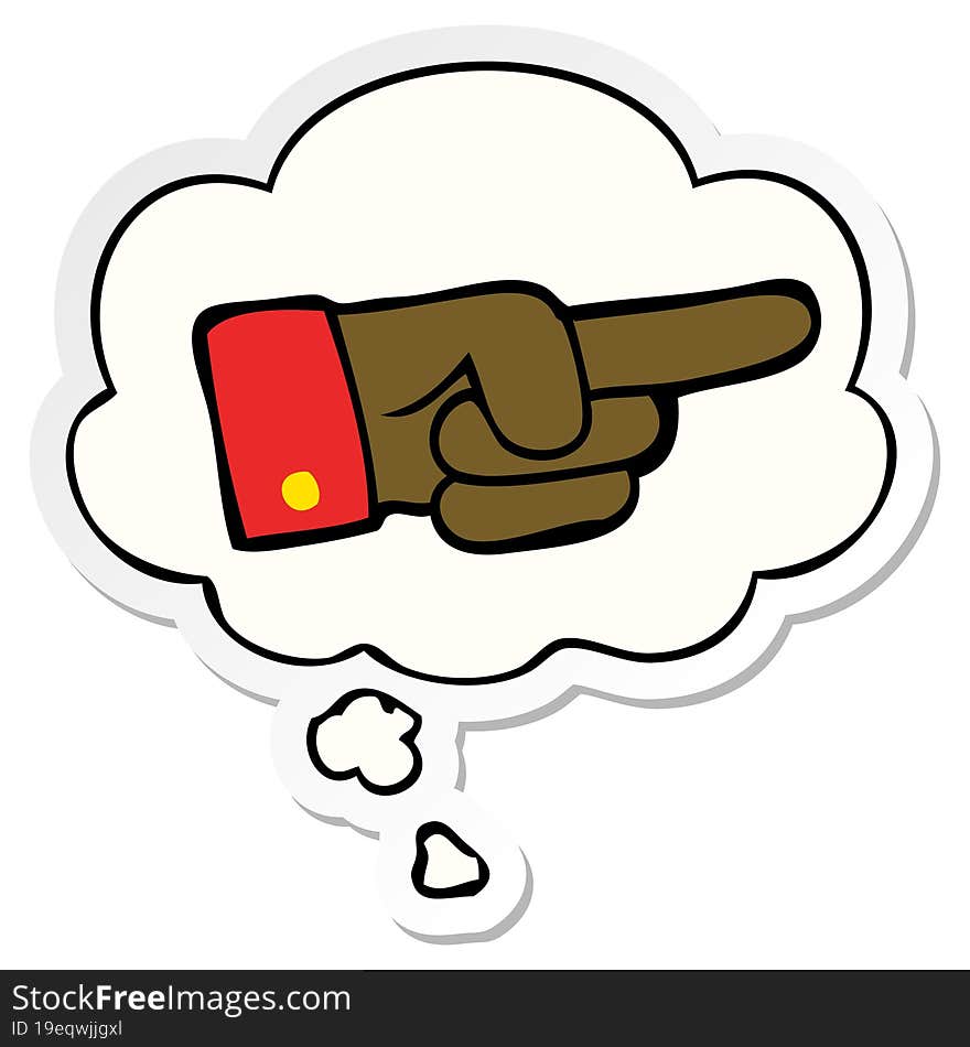 cartoon pointing hand with thought bubble as a printed sticker