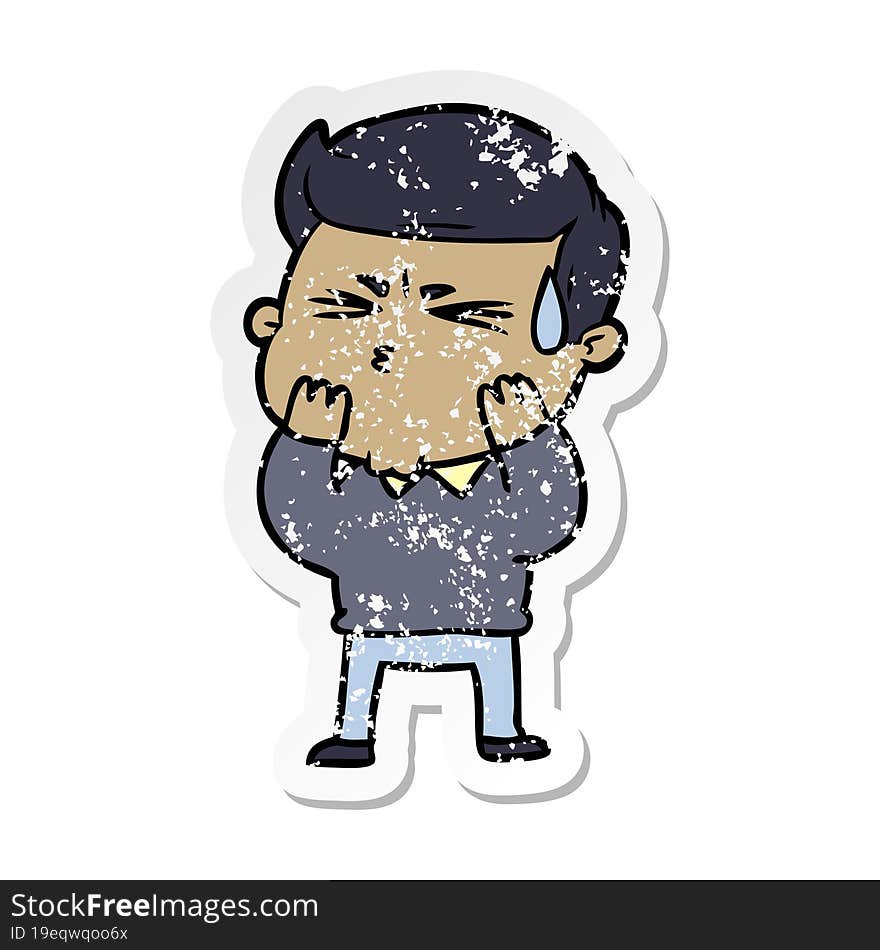 distressed sticker of a cartoon man sweating