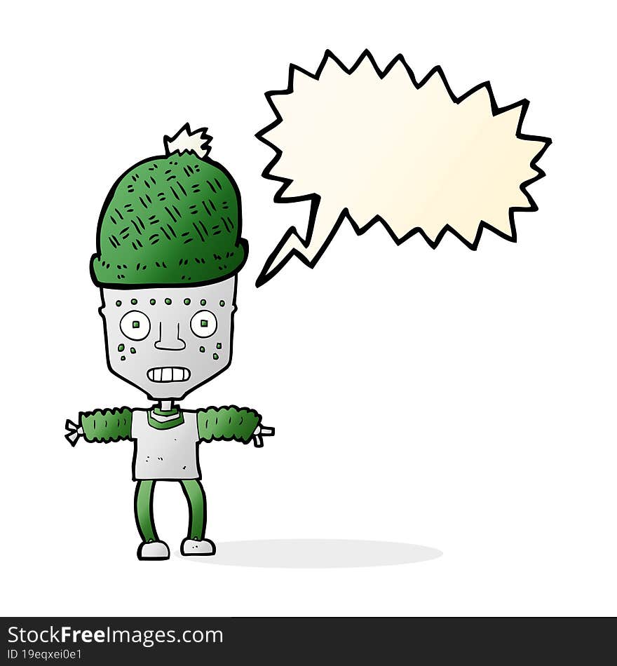 cartoon robot wearing hat with speech bubble