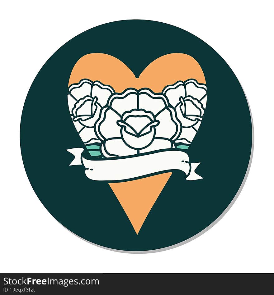 Tattoo Style Sticker Of A Heart And Banner With Flowers