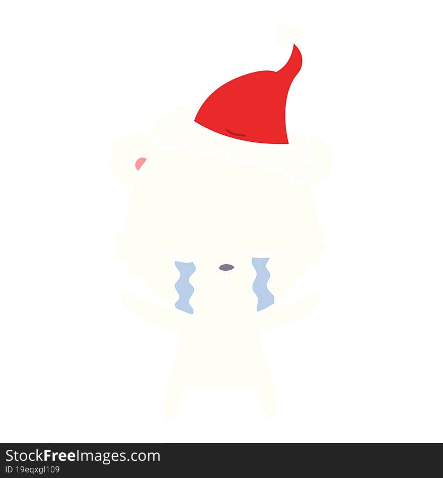 crying flat color illustration of a polarbear wearing santa hat