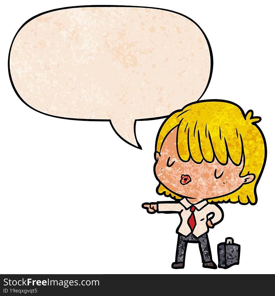 cartoon efficient businesswoman giving orders with speech bubble in retro texture style