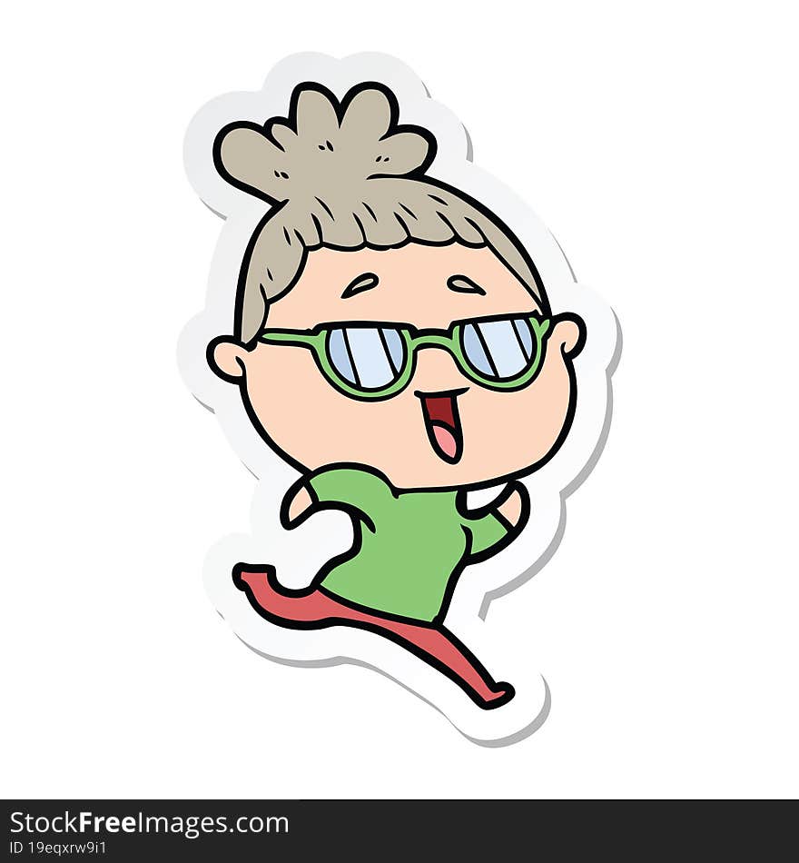 sticker of a cartoon happy woman wearing spectacles