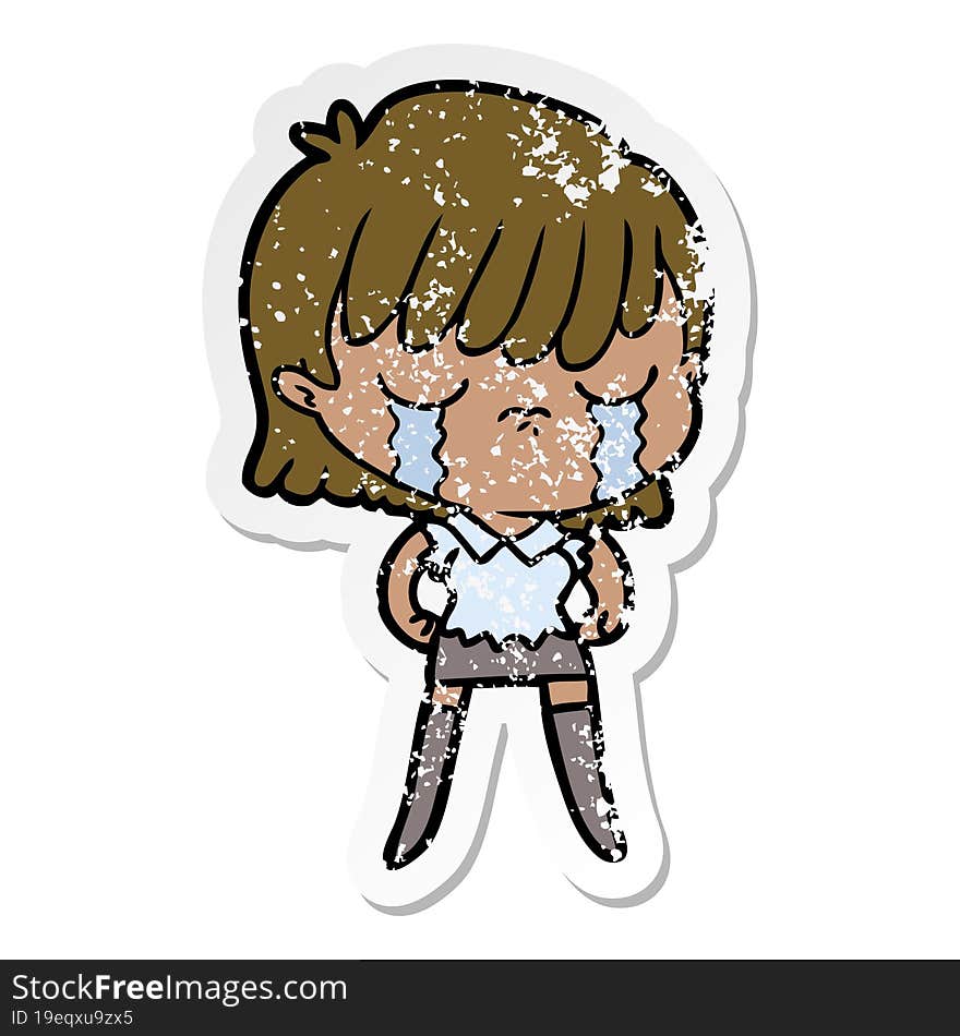 distressed sticker of a cartoon woman crying