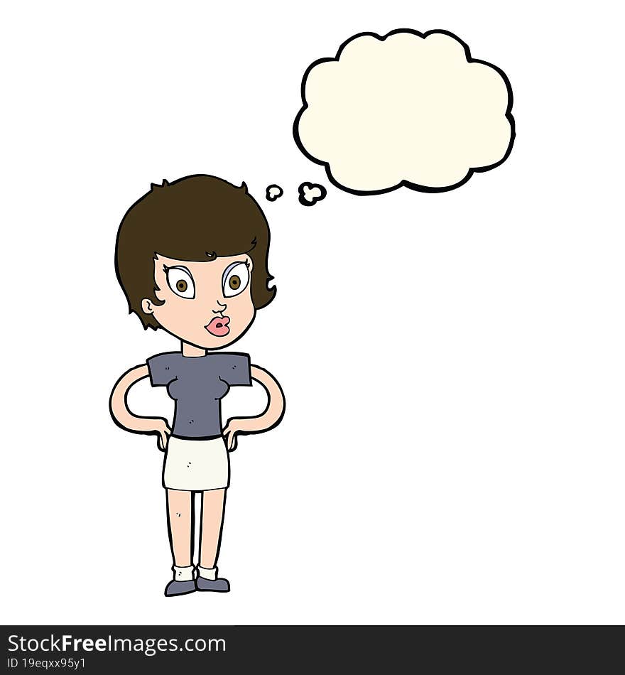 cartoon woman with hands on hips with thought bubble