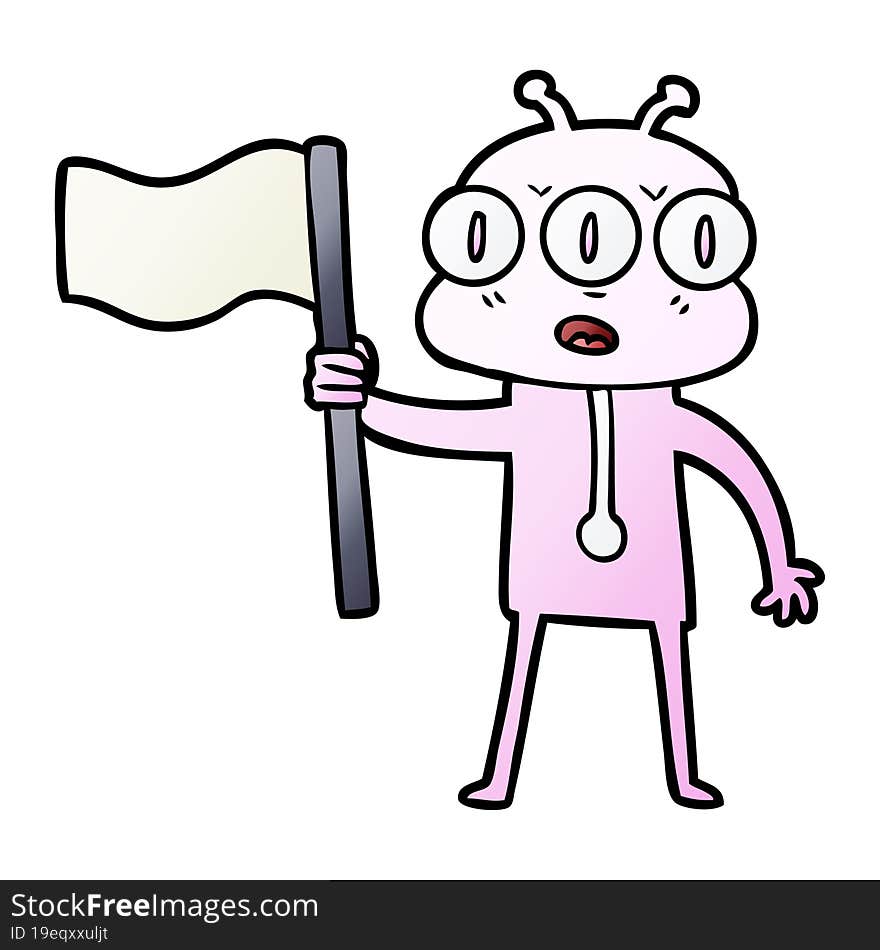 cartoon three eyed alien waving flag. cartoon three eyed alien waving flag