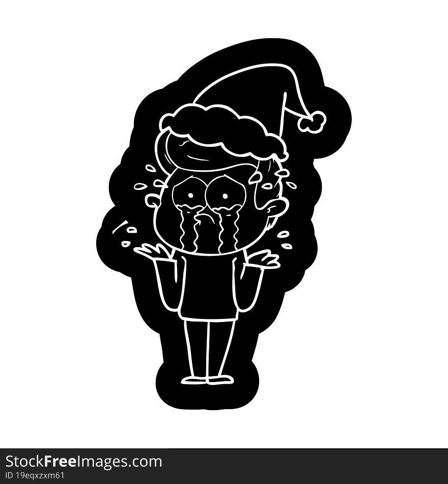 Cartoon Icon Of A Crying Man Wearing Santa Hat