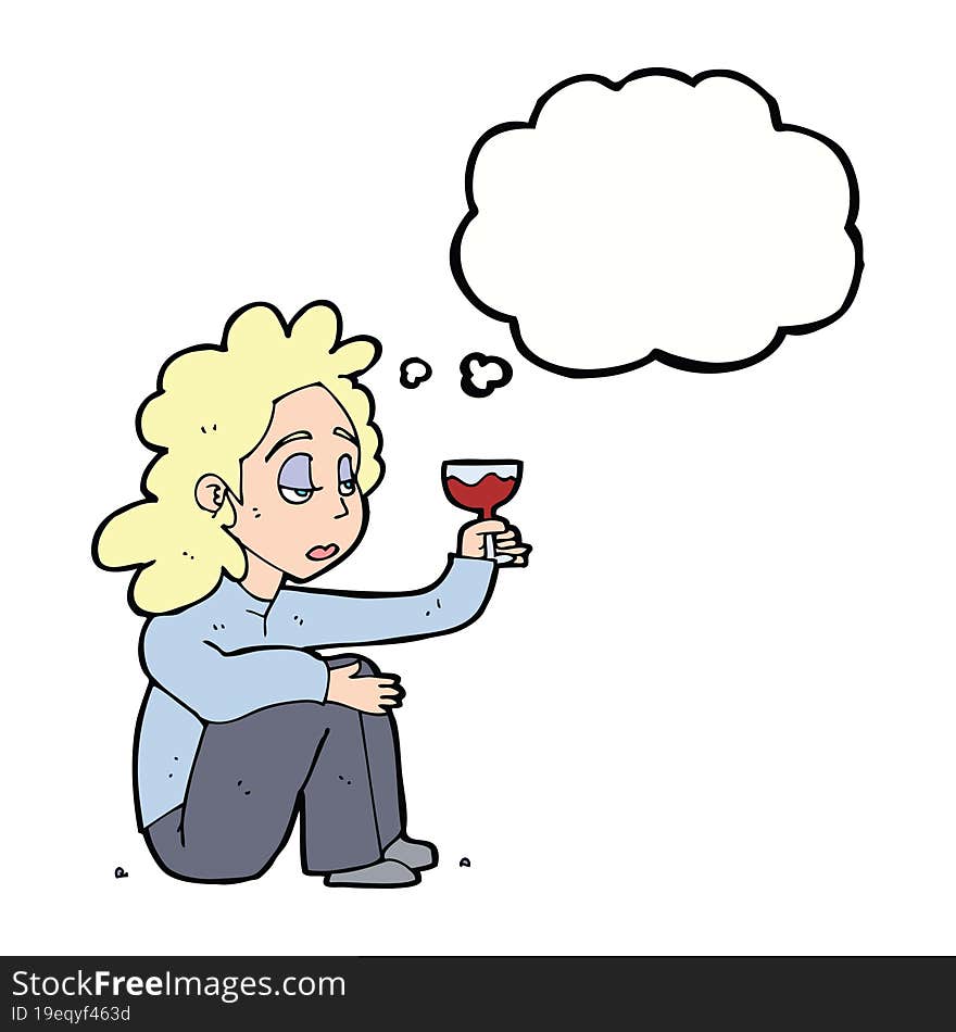 Cartoon Unhappy Woman With Glass Of Wine With Thought Bubble