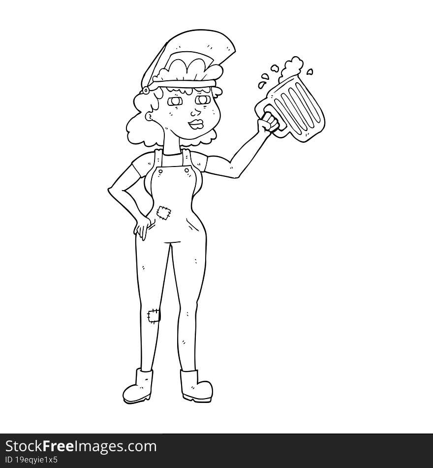 black and white cartoon hard working woman with beer