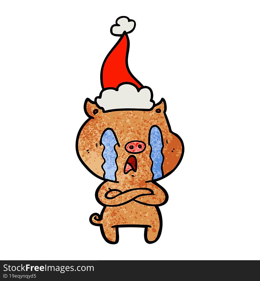 crying pig textured cartoon of a wearing santa hat