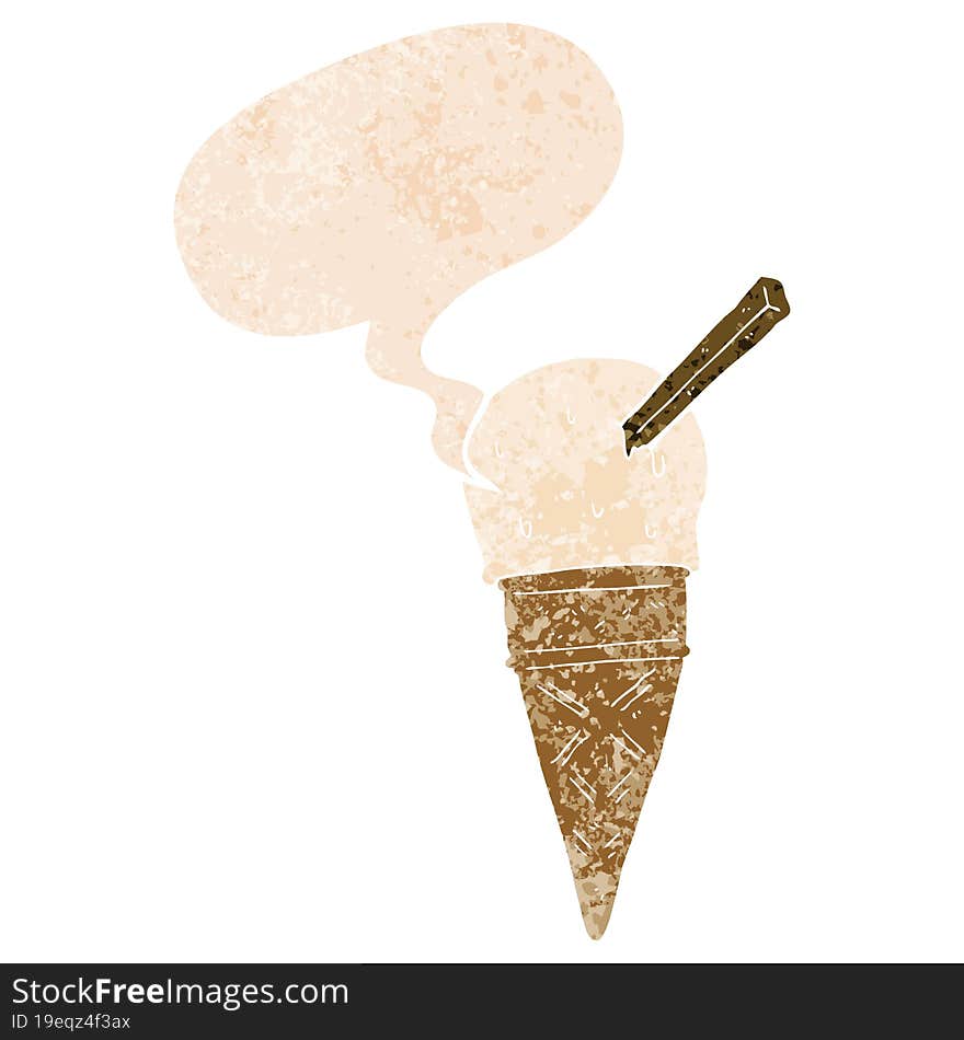 cartoon ice cream and speech bubble in retro textured style